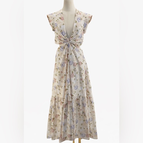 Sofía The Label Floral Cut-Out Maxi Cream Pastel Print Deep V Boho Summer Dress - Picture 3 of 16